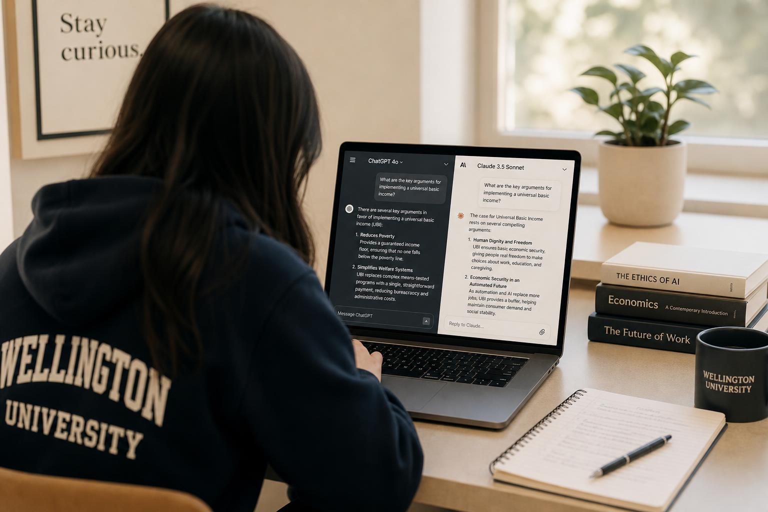 A college student comparing ChatGPT and Claude side by side on a laptop