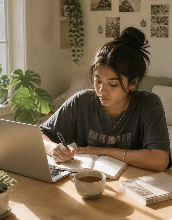 Student researching and taking notes at her laptop