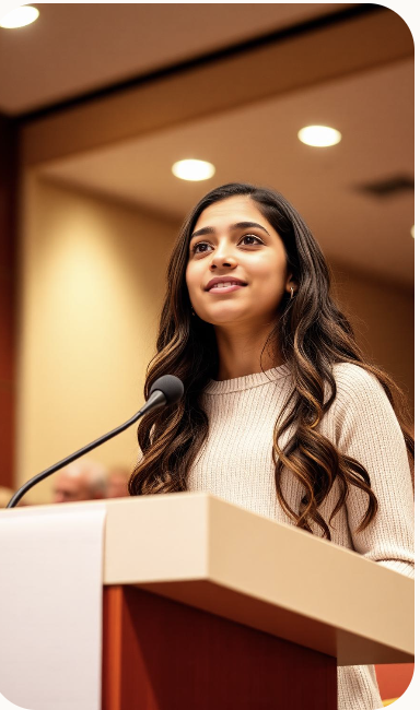Student presenting from a podium with a microphone